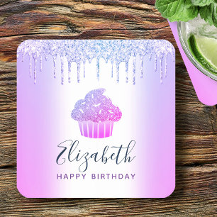 Purple cupcake glitter drips monogram name script square paper coaster
