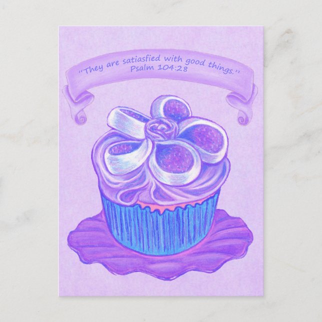 Purple Cupcake on Plate 4 ~ Scripture Postcard (Front)