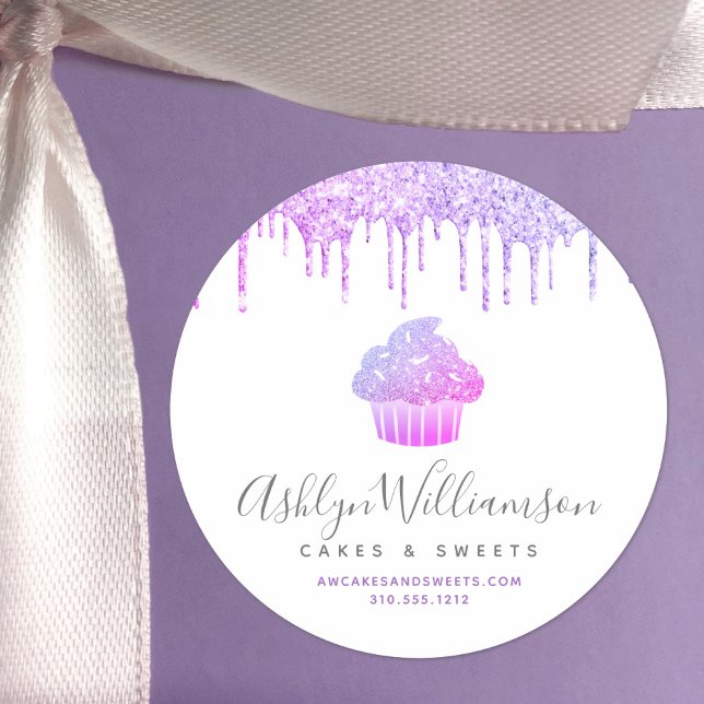 Purple Cupcake Pastry Chef Bakery Glitter Drips Classic Round Sticker (Creator Uploaded)
