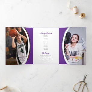 Purple Curved Frame Three Photo Graduation Tri-Fold Invitation