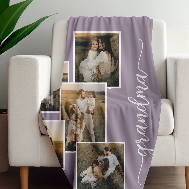 Purple Custom Grandma Grandkid 5 Photo Collage  Fleece Blanket (Creator Uploaded)