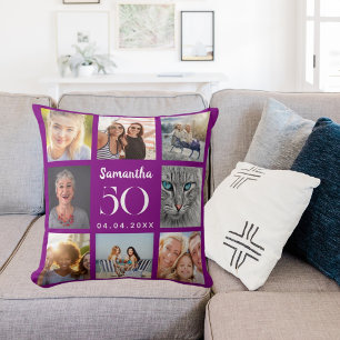 Purple custom photo collage birthday cushion