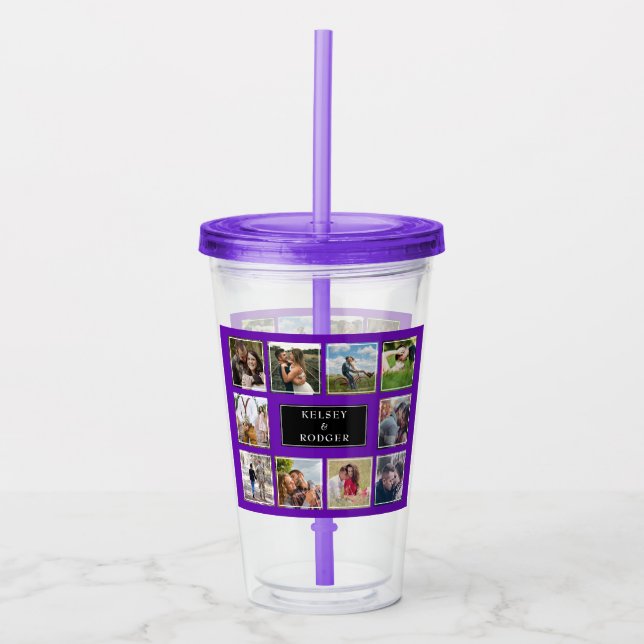 Purple Custom Wedding Photo Collage Acrylic Tumbler (Front)