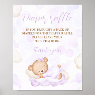 Purple Cute Bear Baby Shower Diaper Raffle Sign