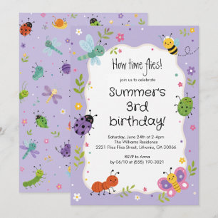 Purple Cute Bugs Girls Birthday Invitation