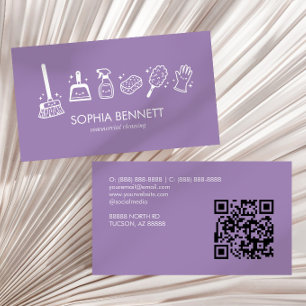Purple Cute Cleaning Tools Custom QR Code Business Card