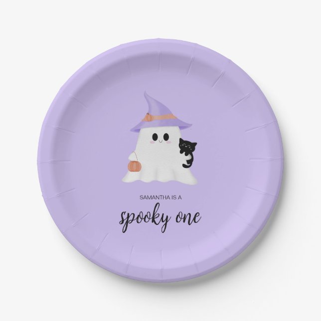 Purple Cute Ghost Halloween 1st Birthday Party Paper Plate (Front)