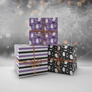 Purple Cute Ghosts & Bats Orange Halloween Wrapping Paper Sheet