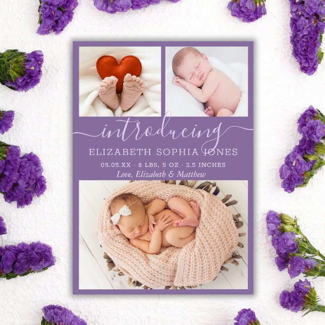 Purple Cute Girl Birth Announcement Photo Collage (Creator Uploaded)