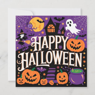 Purple cute happy halloween invitation