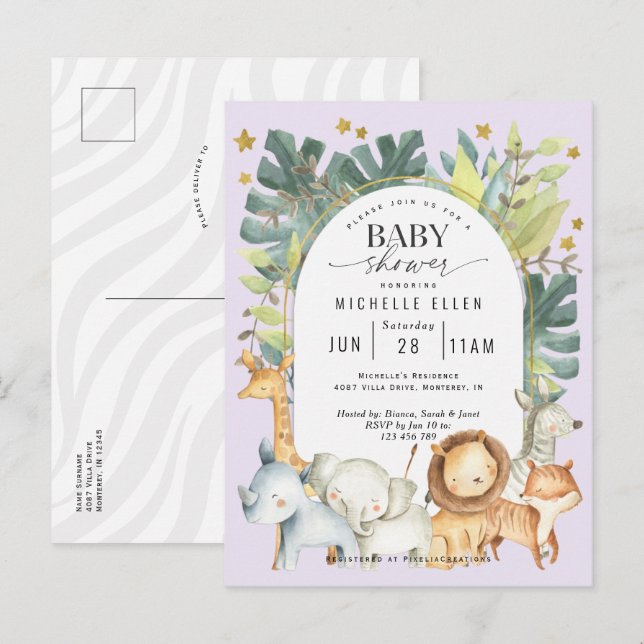 Purple cute jungle safari baby girl shower invitation postcard (Front/Back)