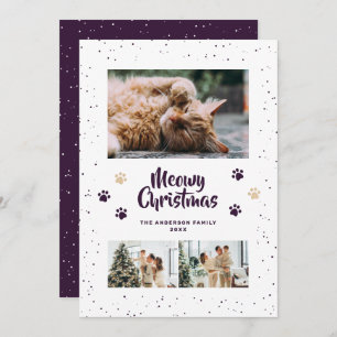 Purple Cute Meowy Christmas Snow Photo Holiday Card