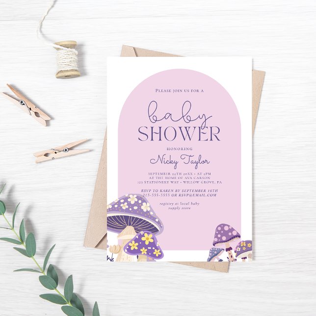 Purple Cute Mushroom Baby Shower Invitation (Creator Uploaded)