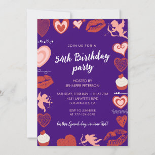 Purple Cute Pink Hearts 54th birthday invitations 