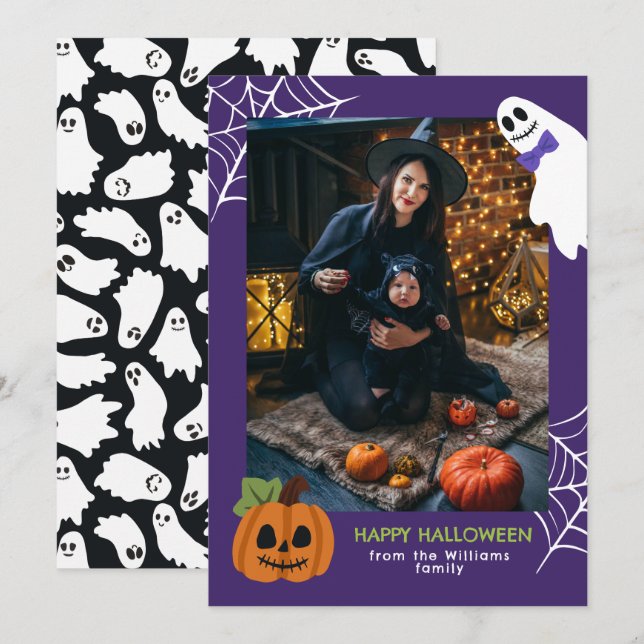 Purple Cute Pumpkin & Ghost Happy Halloween Photo Holiday Card (Front/Back)