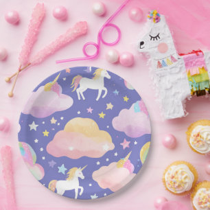 Purple Cute Rainbow unicorn birthday girls  kids Paper Plate