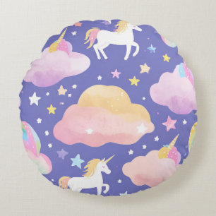 Purple Cute Rainbow unicorn birthday girls kids Round Cushion