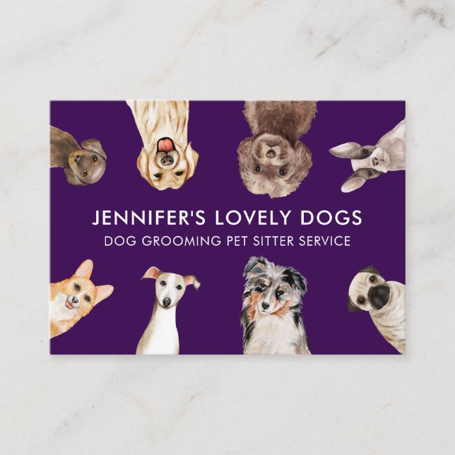 Purple Cute Small Size Dogs Pet Sitter Business Card (Front)