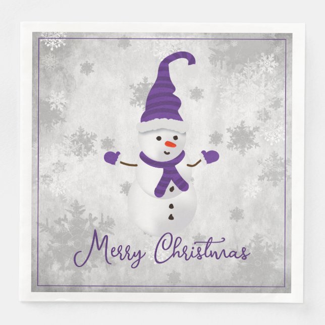 Purple Cute Snowman Holiday Paper Napkin (Front)