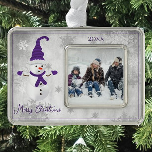 Purple Cute Snowman Holiday Photo Silver Plated Framed Ornament