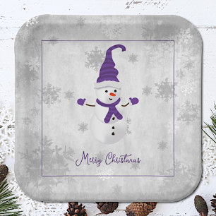 Purple Cute Snowman Paper Plate