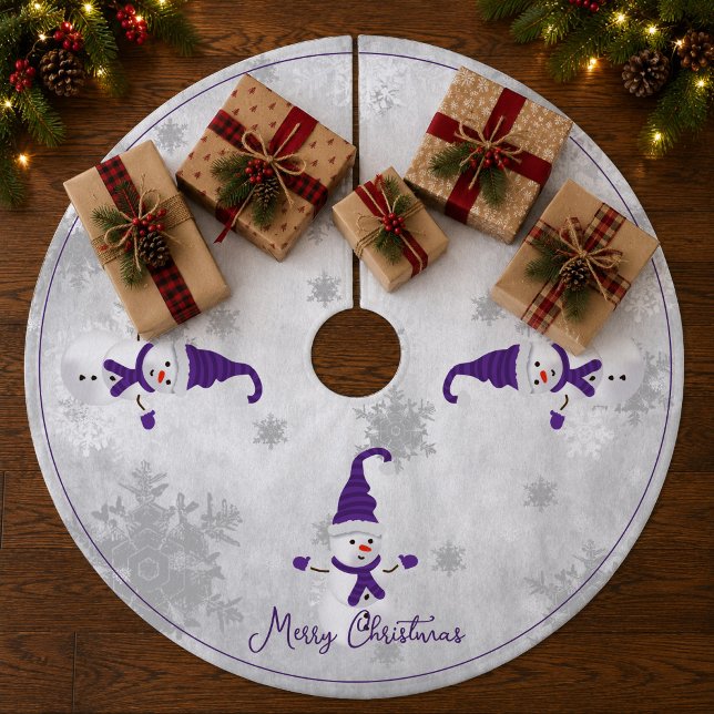 Purple Cute Snowman Tree Skirt (Purple Cute Snowman Christmas Tree Skirt)