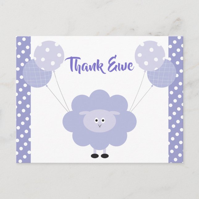 Purple Cute Sweet Lamb, Baby Shower Thank You Postcard (Front)