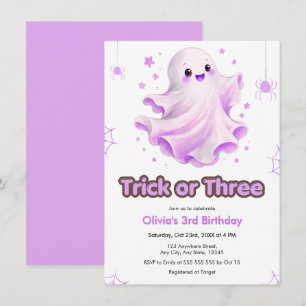 Purple Cute Trick or Three Halloween 3rd Birthday Invitation