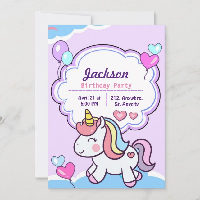Purple Cute Unicorn Birthday Invitation (Front)