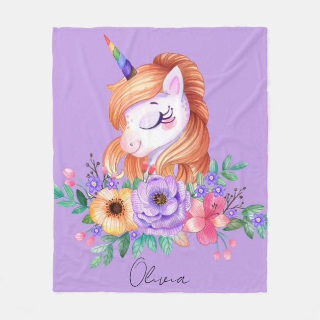 Purple Cute Unicorn With Florals Monogram  Fleece Blanket (Front)