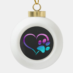 Purple Cyan Dog paw Print Heart Ceramic Ball Christmas Ornament