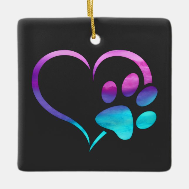 Purple Cyan Dog paw Print Heart  Ceramic Ornament (Front)