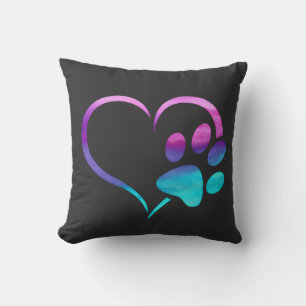 Purple Cyan Dog paw Print Heart  Cushion