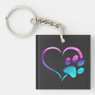Purple Cyan Dog paw Print Heart  Key Ring