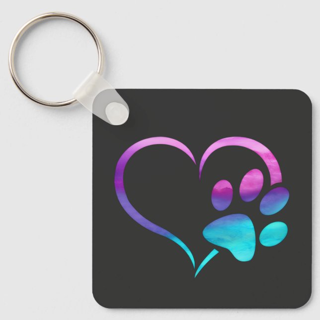 Purple Cyan Dog paw Print Heart  Key Ring (Front)