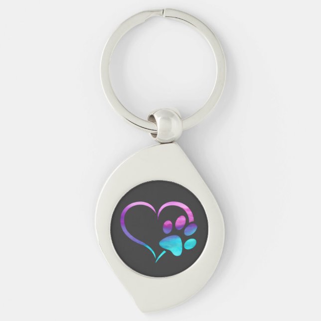 Purple Cyan Dog paw Print Heart  Key Ring (Front)