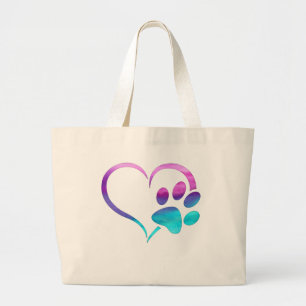 Purple Cyan Dog paw Print Heart Large Tote Bag