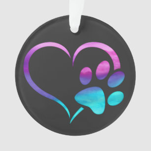 Purple Cyan Dog paw Print Heart Ornament