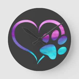 Purple Cyan Dog paw Print Heart Round Clock