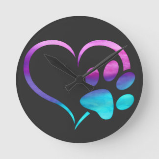 Purple Cyan Dog paw Print Heart  Round Clock