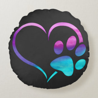 Purple Cyan Dog paw Print Heart  Round Cushion