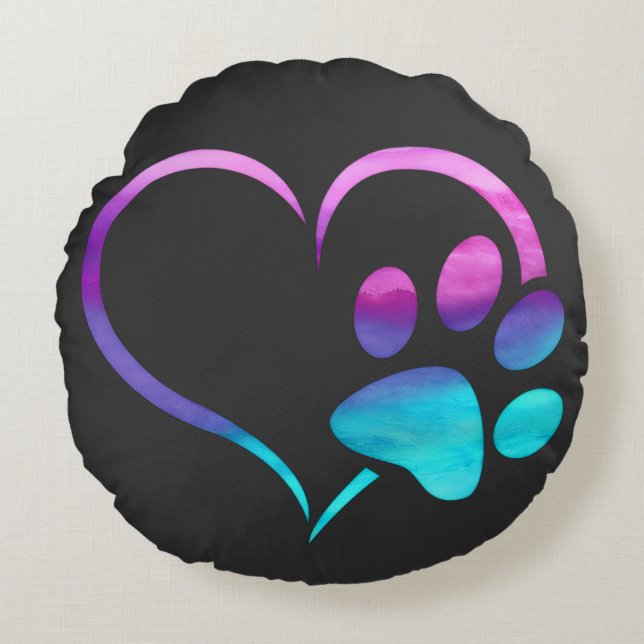 Purple Cyan Dog paw Print Heart  Round Cushion (Front)