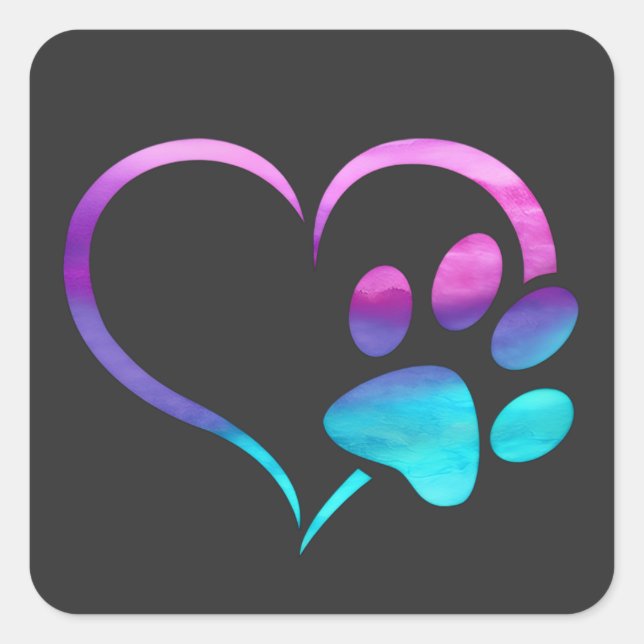 Purple Cyan Dog paw Print Heart  Square Sticker (Front)