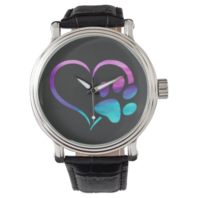 Purple Cyan Dog paw Print Heart  Watch (Front)