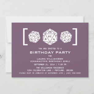 Purple D20 Dice Gamer Birthday Party Invite