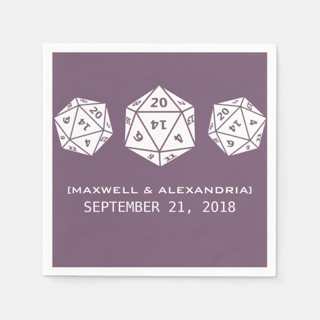 Purple D20 Dice Gamer Wedding Paper Napkins (Front)