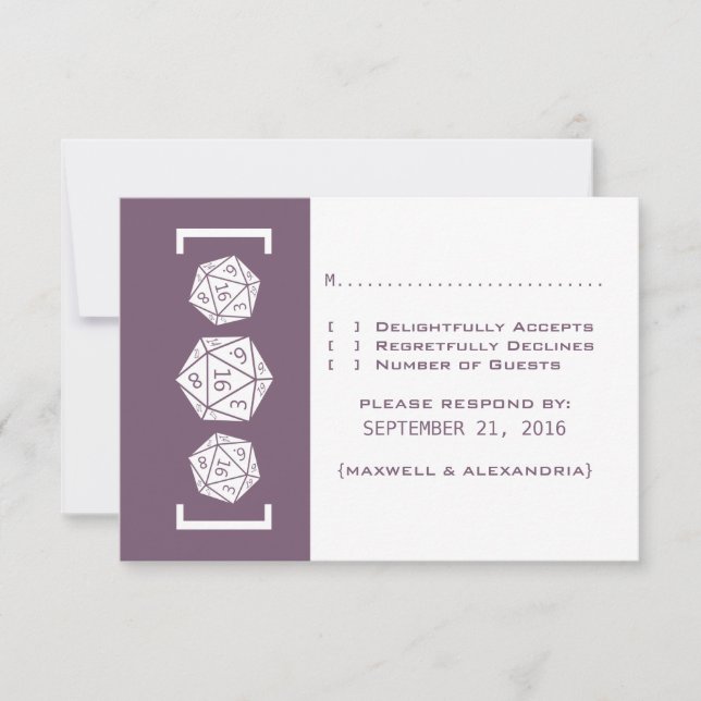 Purple D20 Dice Gamer Wedding Response Card 16roll (Front)