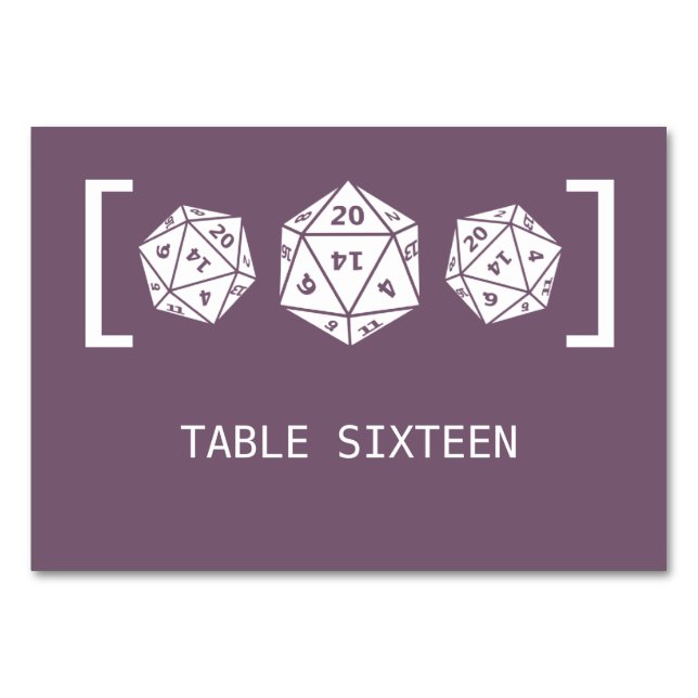 Purple D20 Dice Gamer Wedding Table Card (Front)
