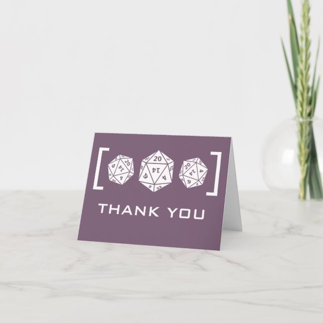 Purple D20 Dice Gamer Wedding Thank You Card (Front)