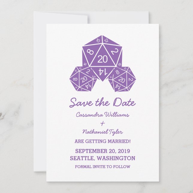Purple D20 Dice Save the Date Invite (Front)